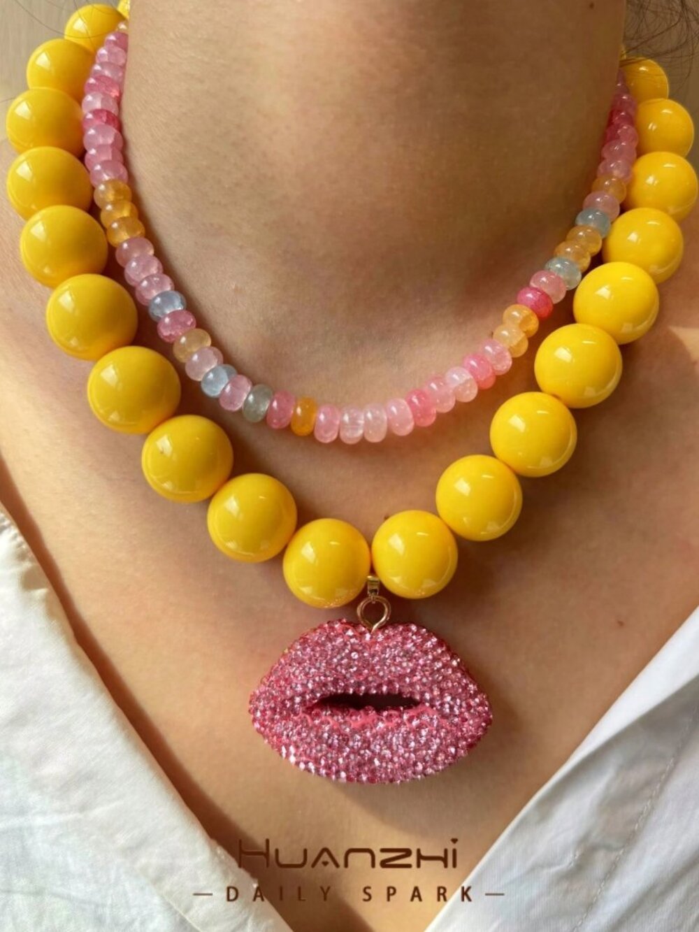 Rose Pink Gradient Beaded Double Layer Necklace Heart Zirconia Y2K